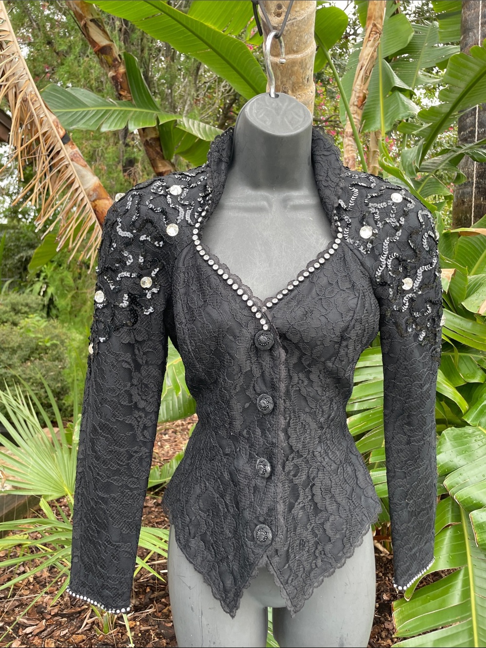 lace sequences and crystals 80s styling with shoulder pods fitted jacket